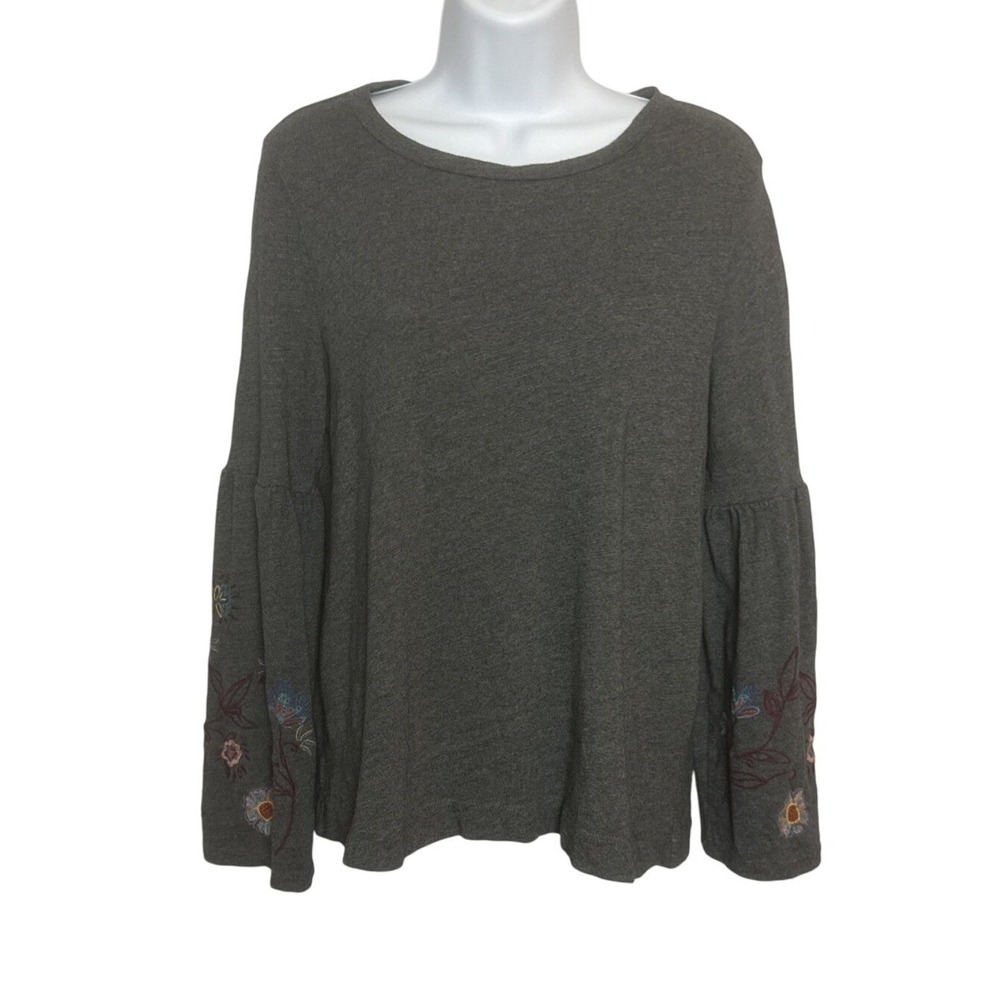 LOFT Womens Med Gray Sweater Embroidered Flowers Cotton Bell Sleeve Boho Artsy